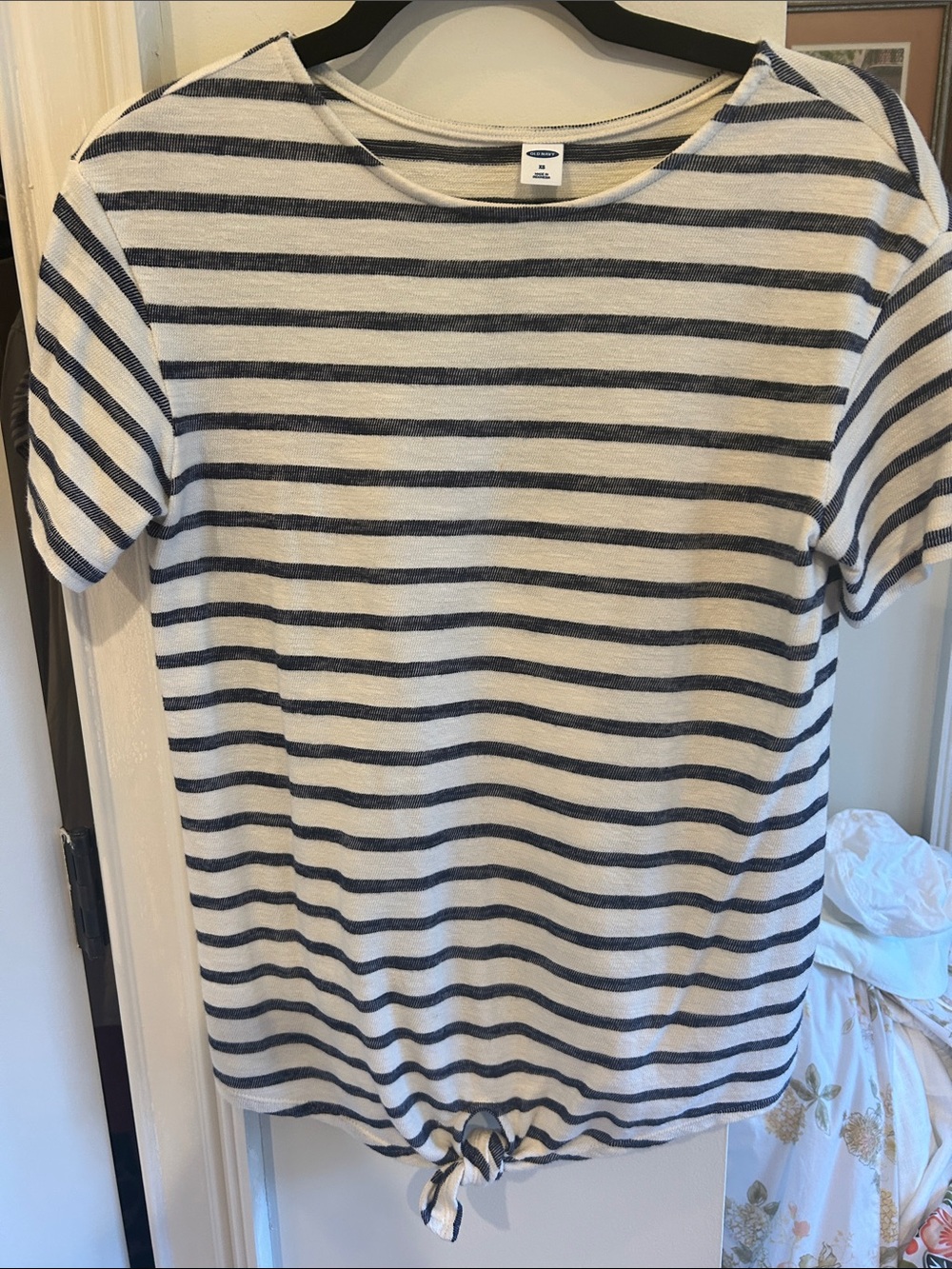 Old Navy Navy and White Striped Tie-Front Tee